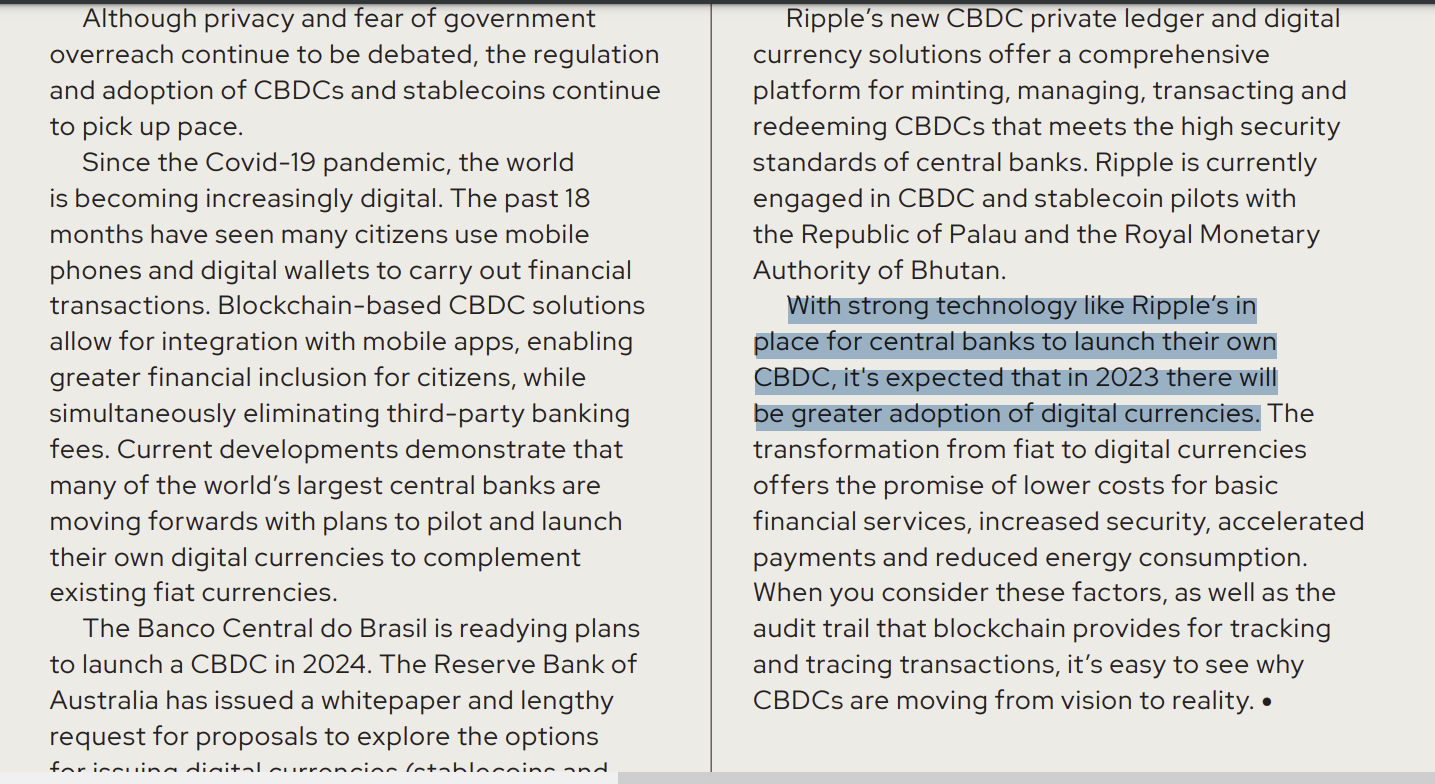 OMFIF - With strong technology like Ripple’s in place for central banks to launch their own CBDC, it's expected that in 2023 there will be greater adoption of digital currencies.