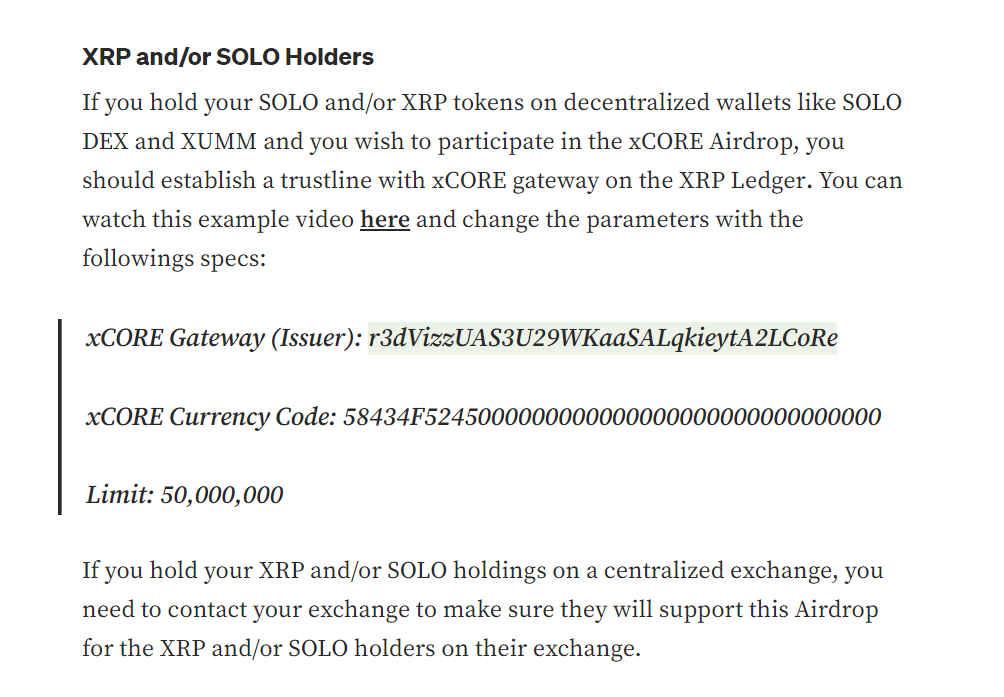 COREUM airdrop, xrp and solo holders qualify