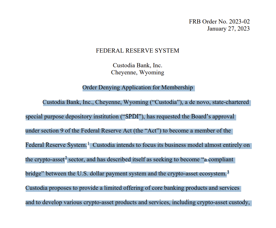Order Denying Application for Membership Custodia Bank, Inc