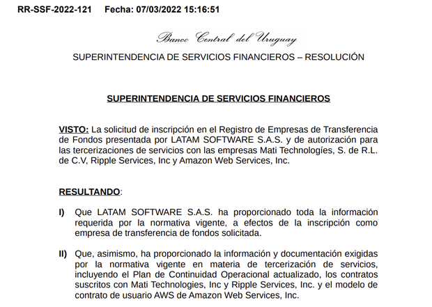 Spanish document Ripple, Mati Technology, AWS.  Uruguay CBDC?