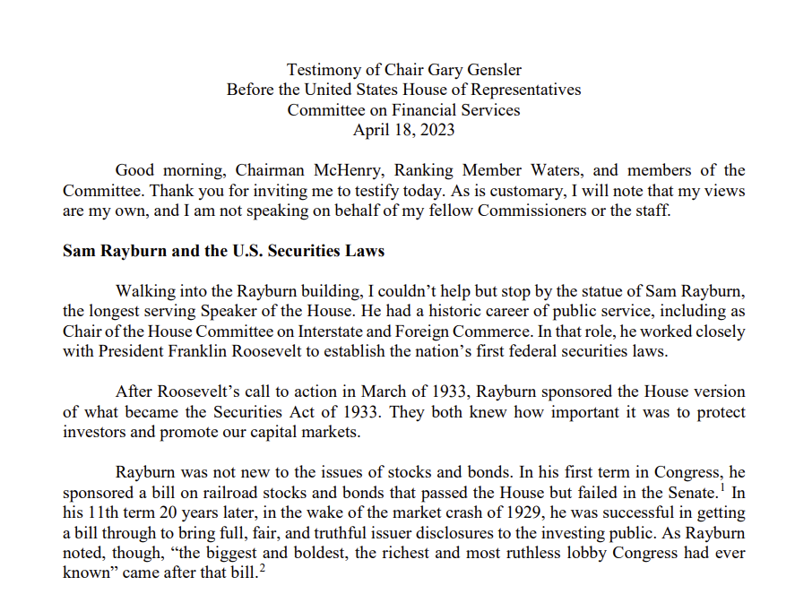 Testimony of Chair Gensler before House of representitives