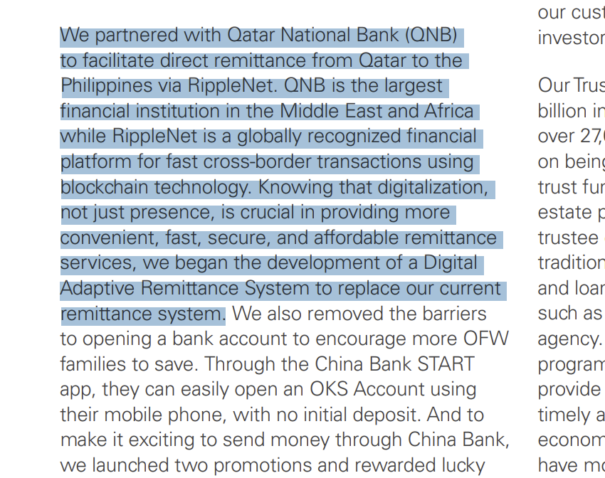 We partnered with Qatar National Bank (QNB) to facilitate direct remittance from Qatar to the Philippines via RippleNet. QNB is the largest financial institution in the