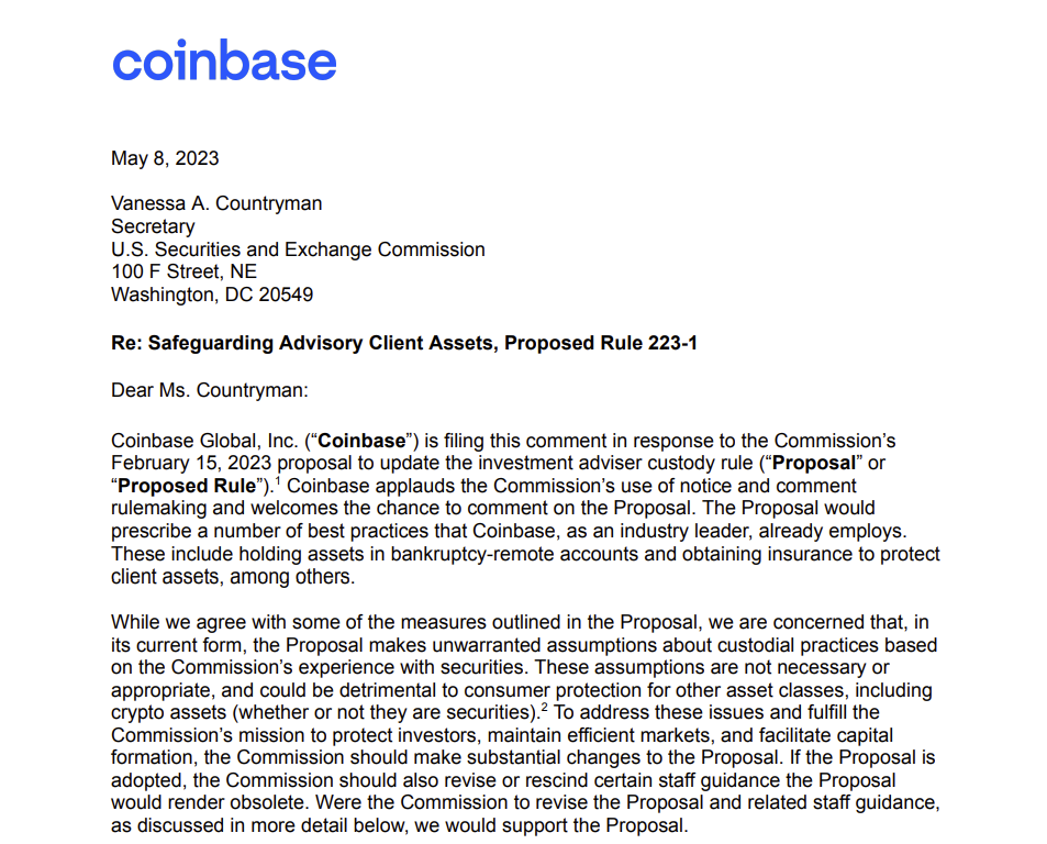 Coinbase writes proposed rules around custodianship of crypto assets