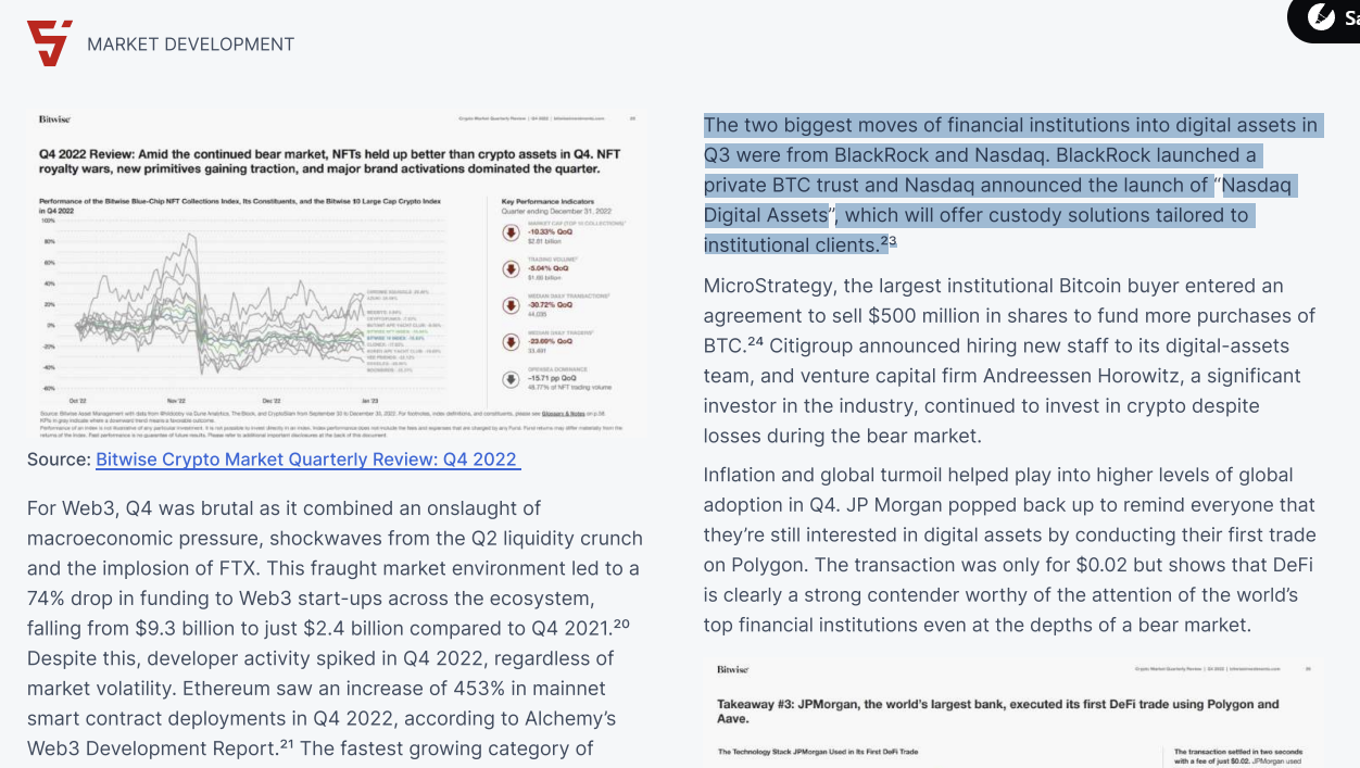 The two biggest moves of financial institutions into digital assets in Q3 were from BlackRock and Nasdaq. BlackRock launched a private BTC trust and Nasdaq announced the launch of Nasdaq Digital Assets , which will offer custody solutions