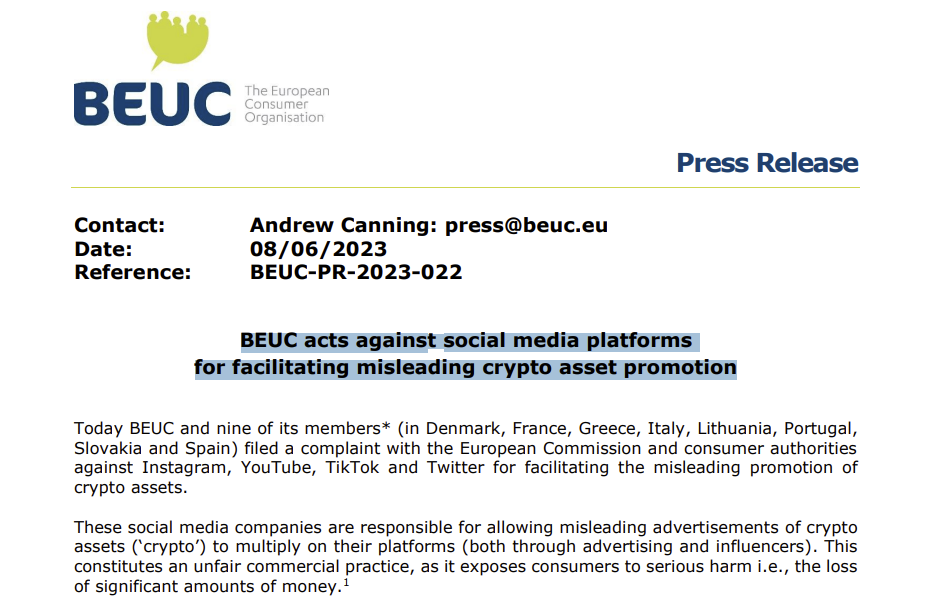 BEUC acts against social media platforms for facilitating misleading crypto asset promotion