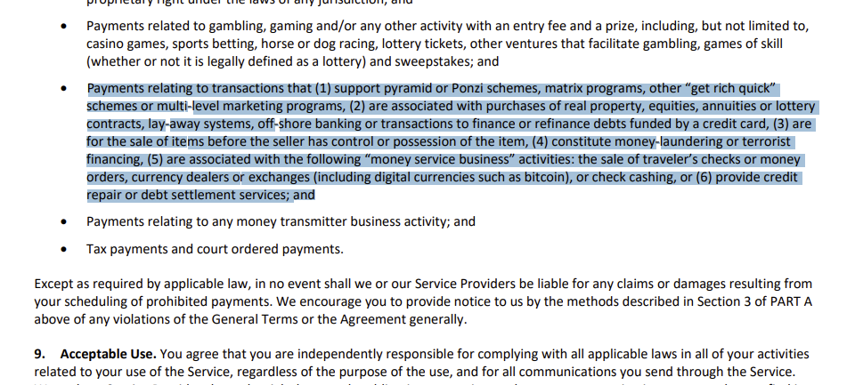 Zelle Lumps crypto in with money laundering in terms of service.  Chokepoint2.0 continues