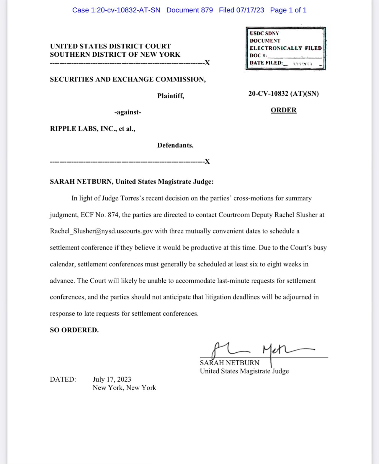 Judge Sarah Netburn orders both @Ripple and the @SECGov to agree on 3 mutually convenient dates to schedule a settlement conference, “if they believe it to be productive at this time.” Also recommends scheduling 6-8 weeks