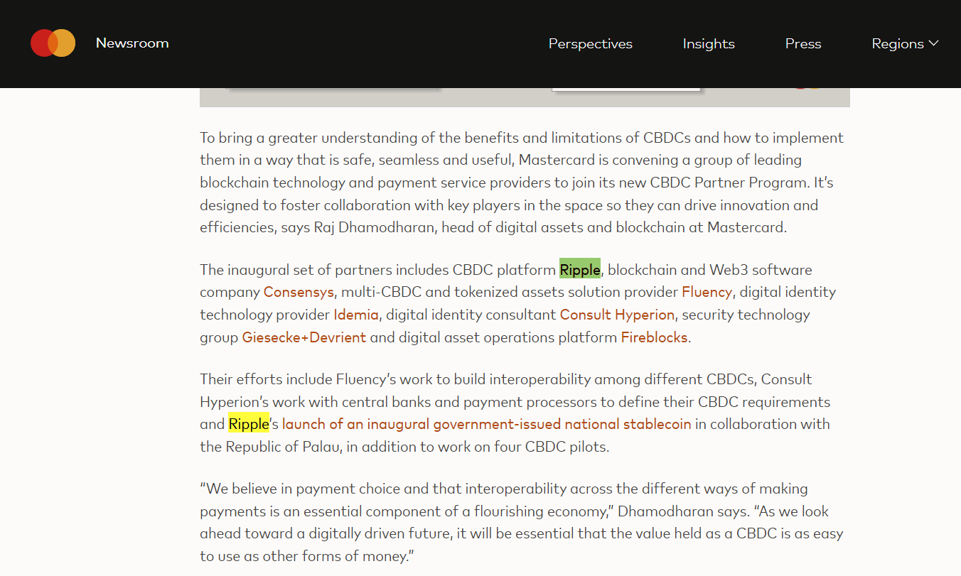 MasterCard exploring cbdc and chose ripple and Consensys as a partner (exploration is getting central banks familiar with CBDC)