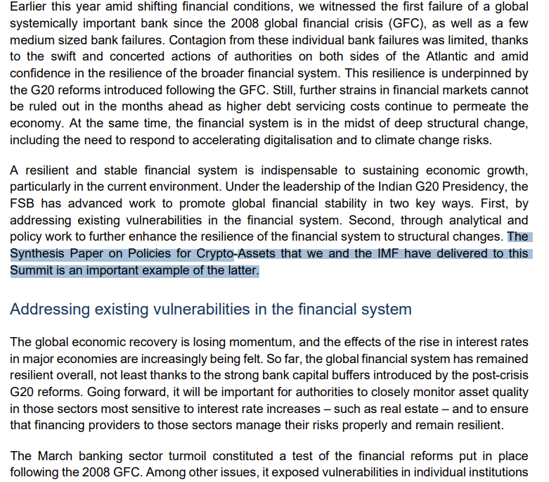 The Synthesis Paper on Policies for Crypto-Assets that we and the IMF have delivered to this Summit is an important example of the latter.