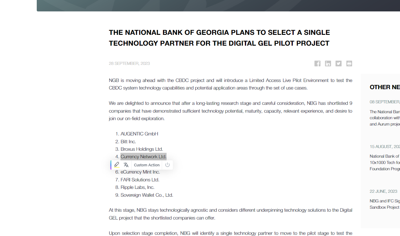 THE NATIONAL BANK OF GEORGIA PLANS TO SELECT A SINGLE TECHNOLOGY PARTNER FOR THE DIGITAL GEL PILOT PROJECT