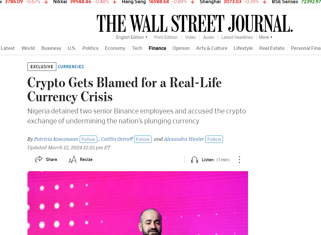 Crypto Gets Blamed for a Real-Life Currency Crisis – WSJ