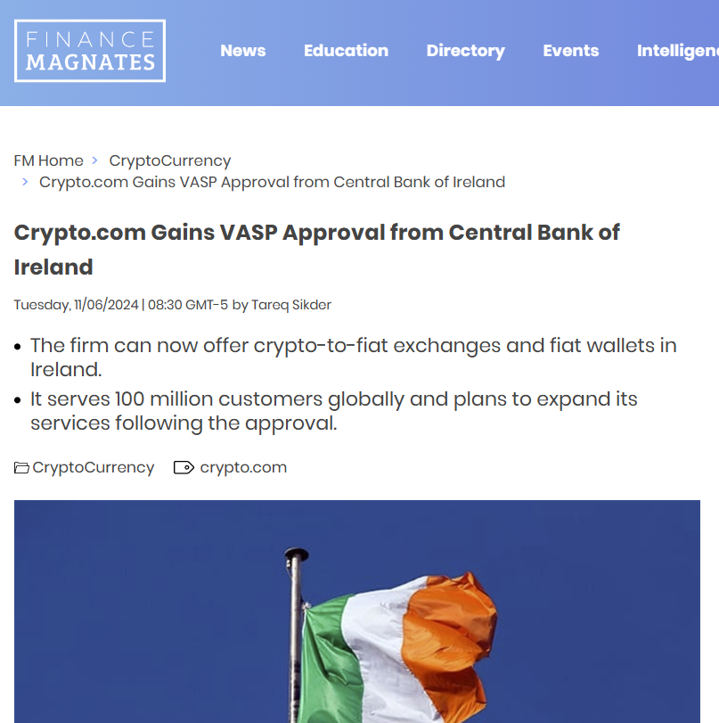 Crypto.com Gains VASP Approval from Central Bank of Ireland