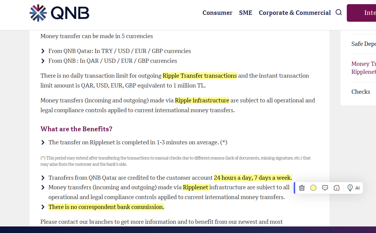 Qatar National Bank (QNB) has adopted RippleNet, "There is no Correspondent Bank Commission"