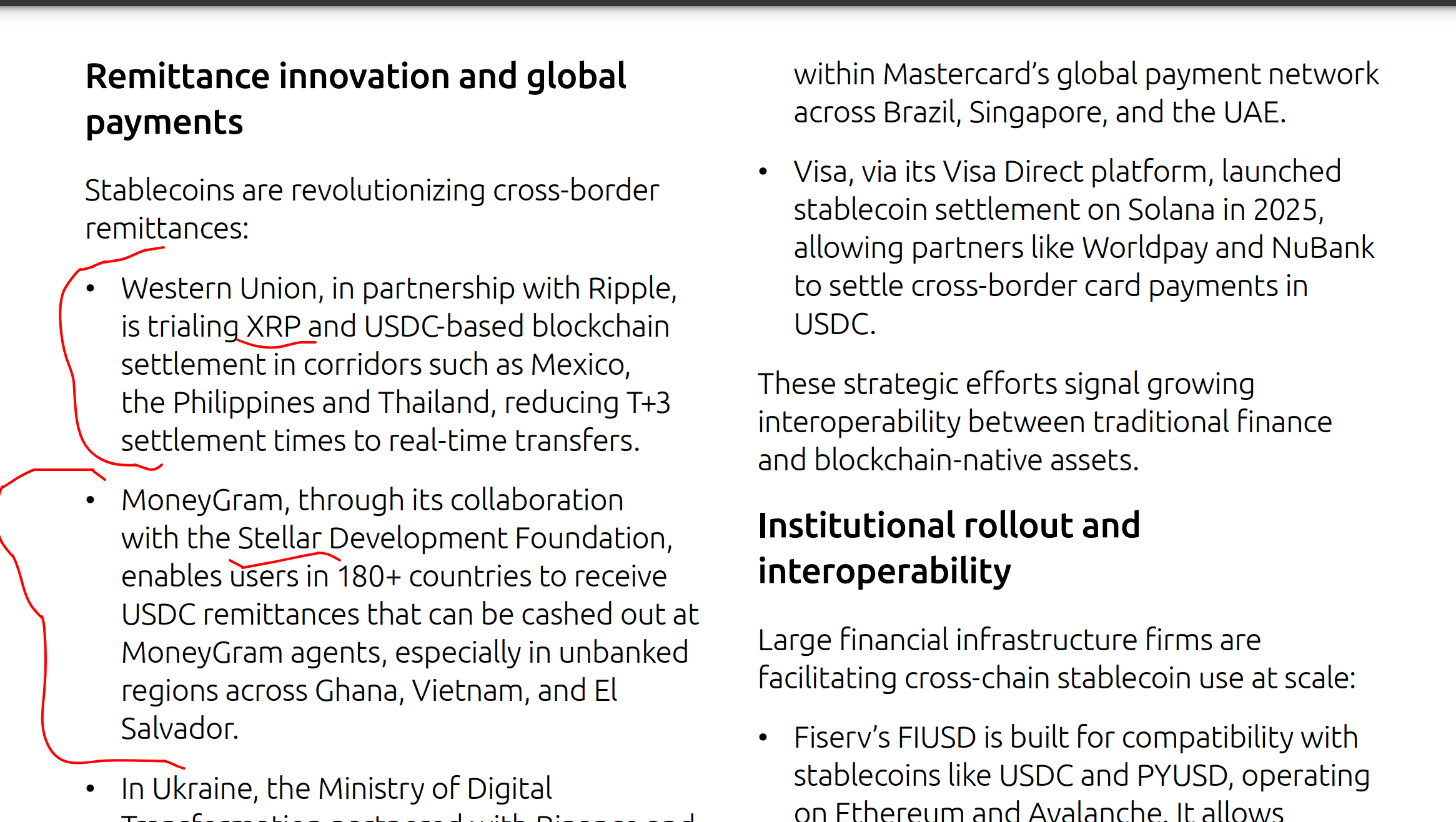 Western Union, in partnership with Ripple, is trialing XRP and USDC-based blockchain settlement in corridors such as Mexico, the Philippines and Thailand, reducing T+3 settlement times to real-time transfers.