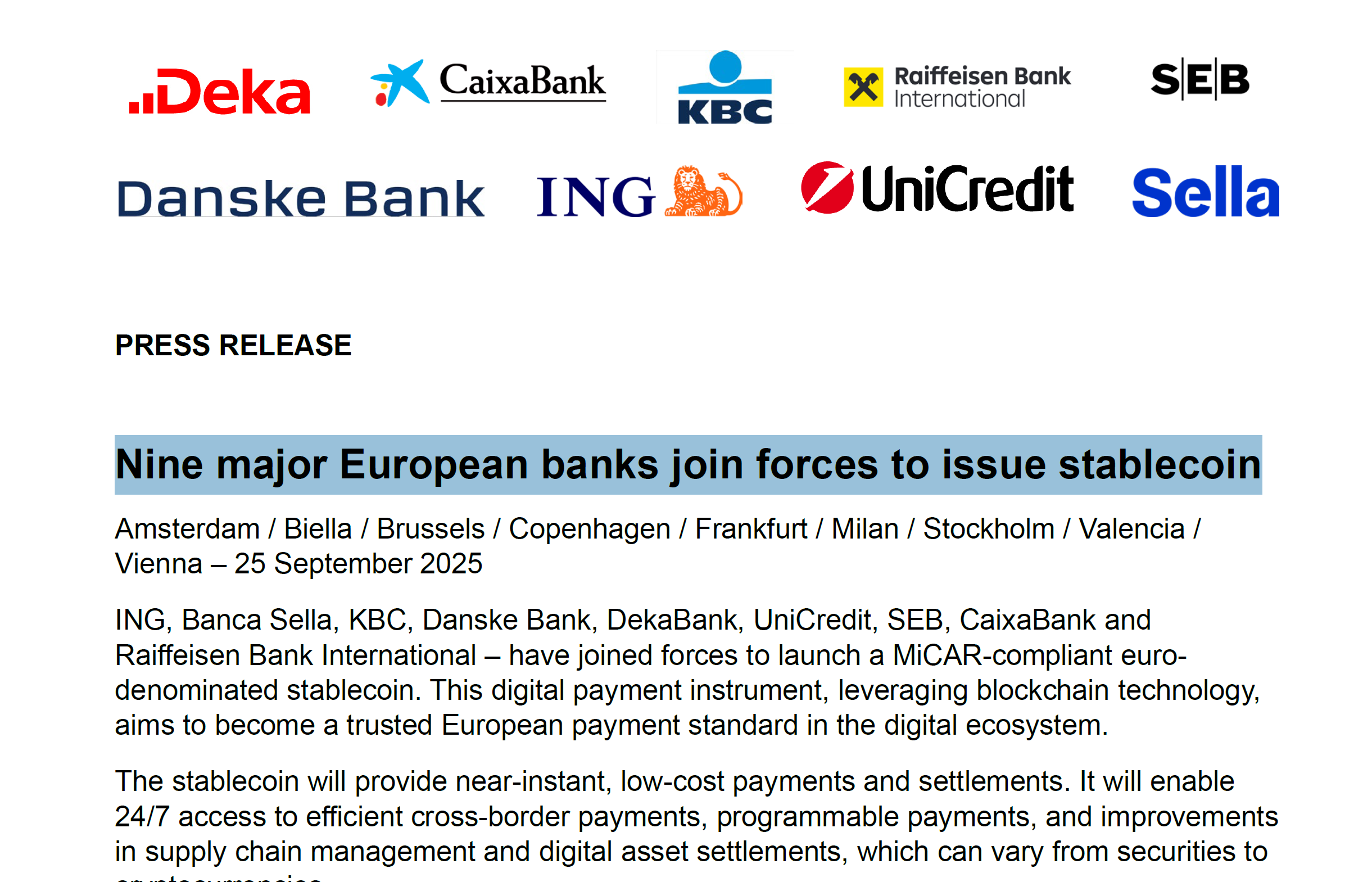 Nine major European banks join forces to issue stablecoin