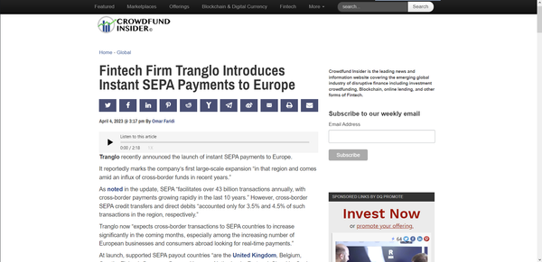 Fintech Firm Tranglo Introduces Instant SEPA Payments to Europe