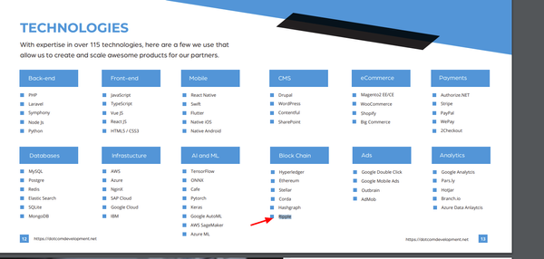 dotcomdevelopment lists Ripple as one technology With expertise in over 115 technologies, here are a few we use that allow us to create and scale awesome products for our partners.