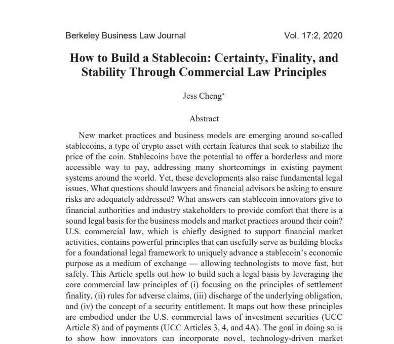 Jess Cheng (former ripple, fed, IMF) How to Build a Stablecoin: Certainty, Finality, and Stability Through Commercial Law Principles