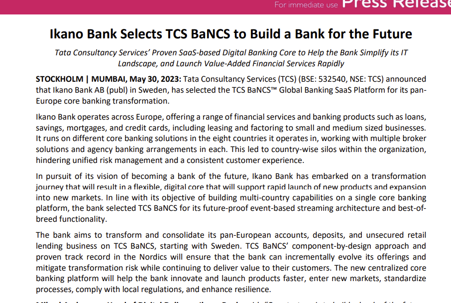 Ikano Bank Selects TCS BaNCS (ripple and xrpl enabled) to Build a Bank for the Future