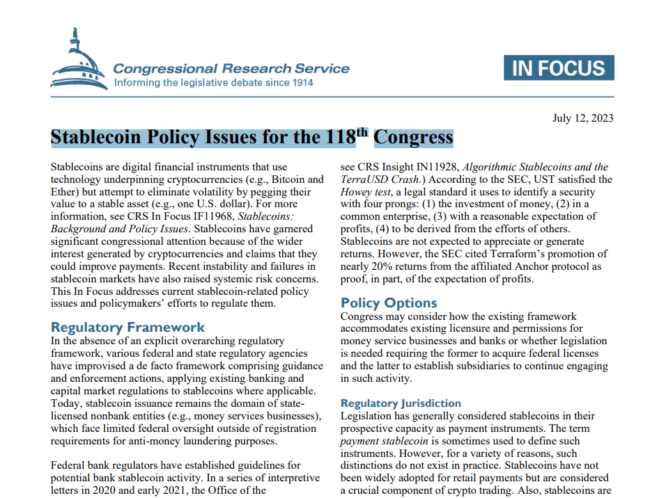 Stablecoin Policy Issues for the 118th Congress