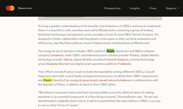 MasterCard exploring cbdc and chose ripple and Consensys as a partner (exploration is getting central banks familiar with CBDC)