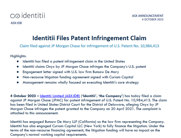 Identitii Files Patent Infringement Claim Claim filed against JP Morgan Chase for infringement of U.S. Patent No. 10,984,413