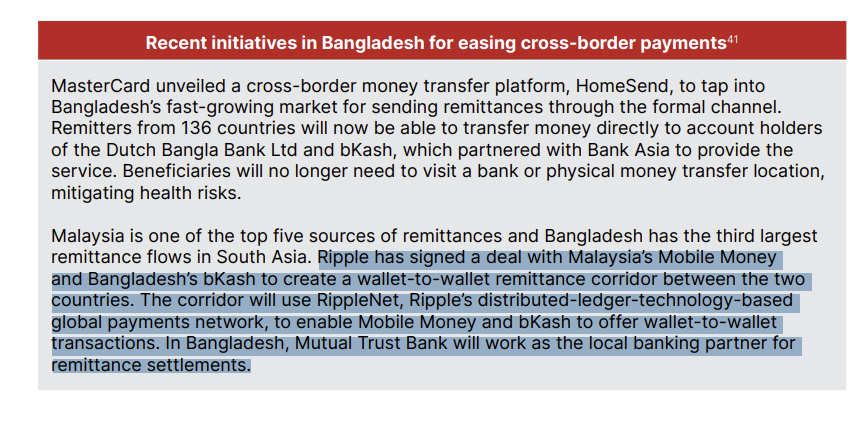 Ripple has signed a deal with Malaysia’s Mobile Money and Bangladesh’s bKash to create a wallet-to-wallet remittance corridor between the two countries. The corridor will use RippleNet, Ripple’s distributed-