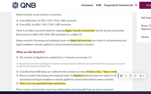 Qatar National Bank (QNB) has adopted RippleNet, "There is no Correspondent Bank Commission"