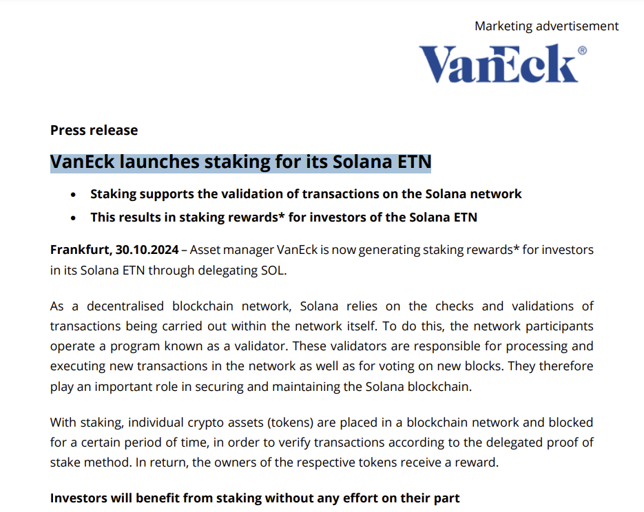 VanEck launches staking for its Solana ETN