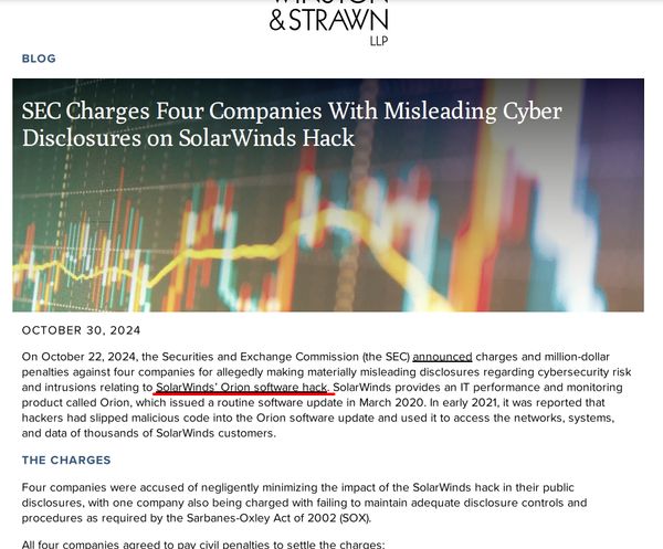 Glen Hutchins --SEC Charges Four Companies With Misleading Cyber Disclosures on SolarWinds Hack