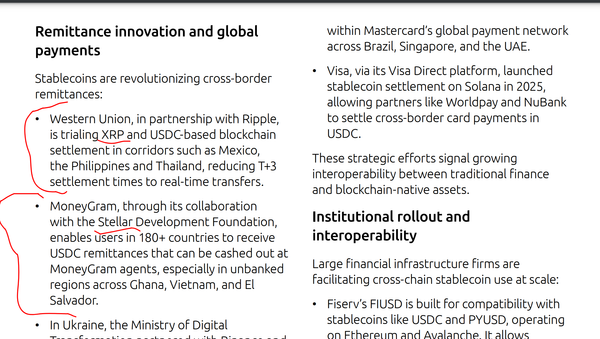 Western Union, in partnership with Ripple, is trialing XRP and USDC-based blockchain settlement in corridors such as Mexico, the Philippines and Thailand, reducing T+3 settlement times to real-time transfers.