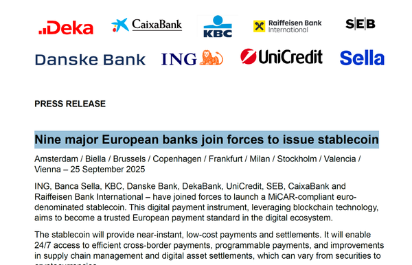 Nine major European banks join forces to issue stablecoin